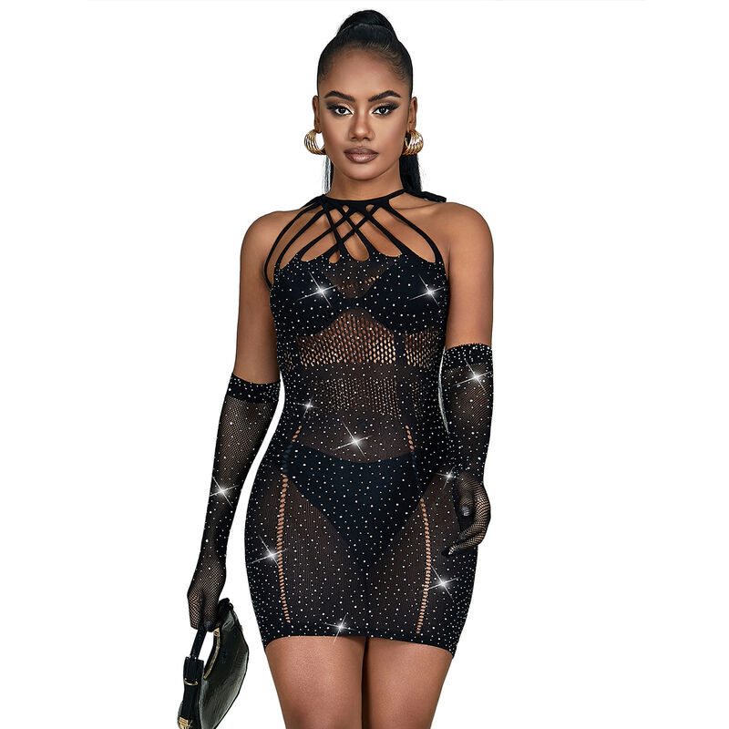 Abito Sexy Subblime 952235 Con Strass Guanti Neri Taglia Unica