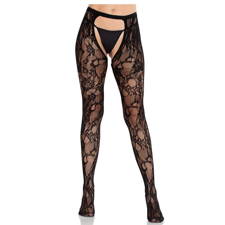 LEG AVENUE – CALZE IN PIZZO ROSA CON SCHIENA APERTA NERE