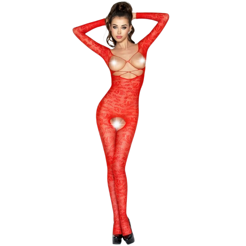 Catsuit Passion Woman BS031 con Ricami Floreali Rosso Taglia Unica